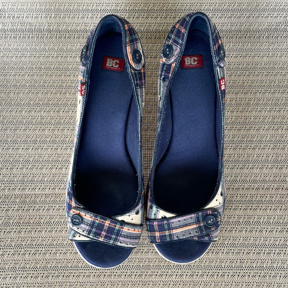 BC Footwear Plaid Fabric Peep-toe Wedges Navy Blue Size 9 - Picture 3 of 13